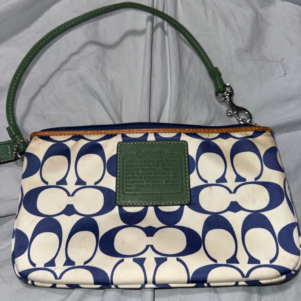 Coach Navy and Cream Wristlet with Green Accents